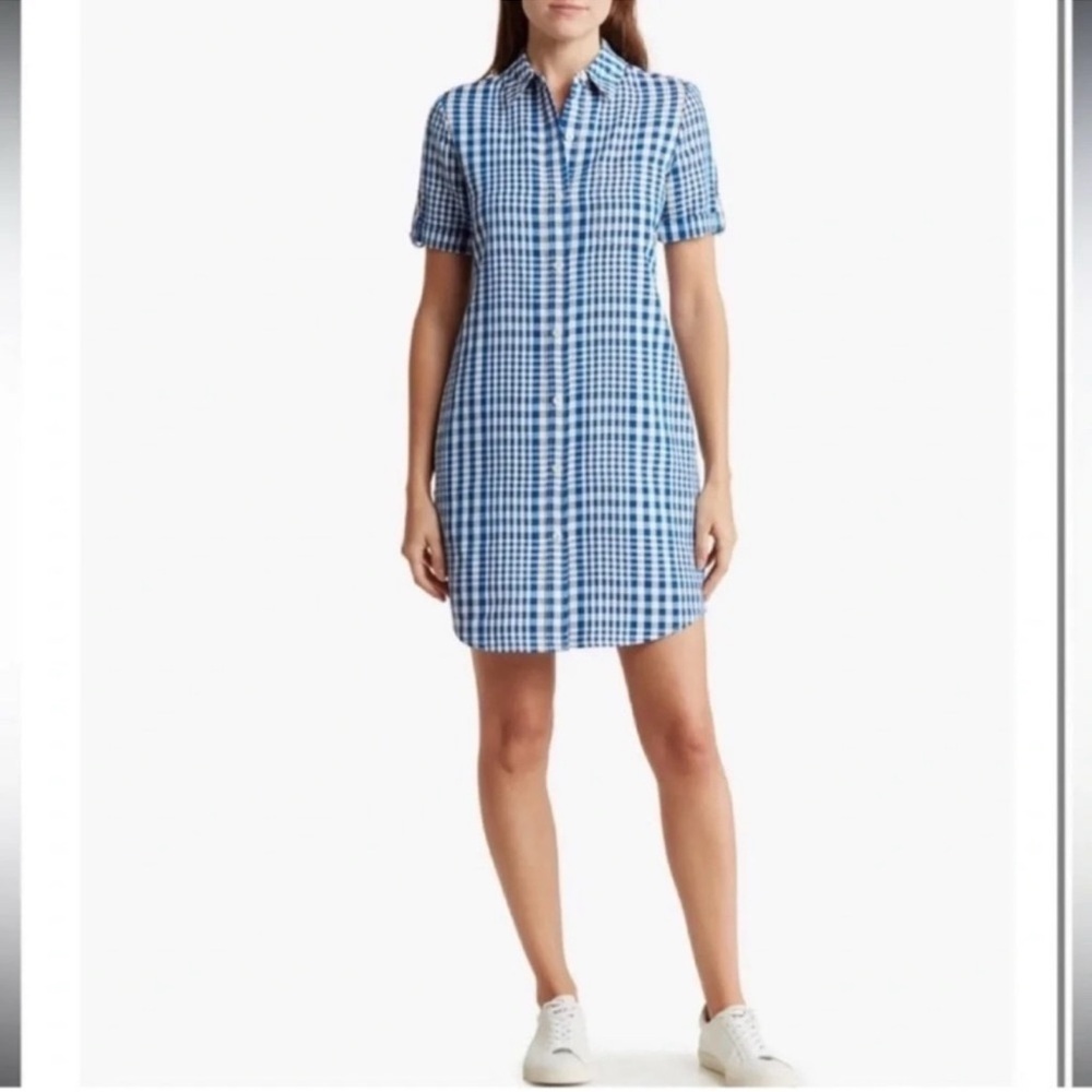 THEORY Mayvine Dillon Plaid Linen-Blend Mini Shirt Dress Size 6 - Picture 2 of 13